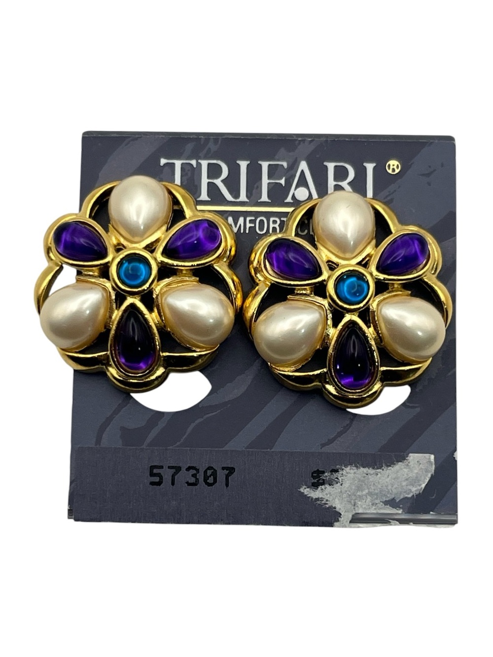 Trifari gold tone purple & blue cabochon faux pearl flower clip on earrings